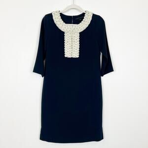 WORTH 3/4 Sleeve Pearl Sequin Rhinestone Embellished Dress Navy Women's XS